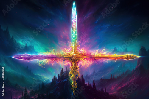 glowing fantasy weapon in a colorful magical landscape, Generative AI