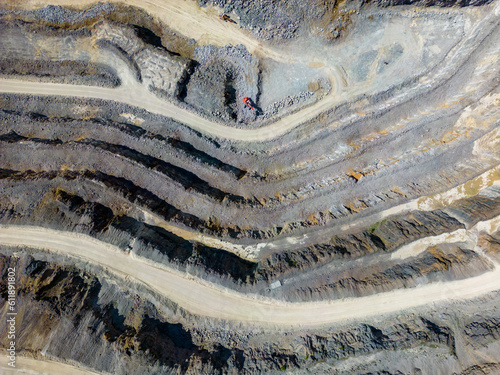 This aerial drone photo shows a large stone quarry in Yorkshire Dales National Park. This stone mine is named Coldstones Cut and is a famous landmark in this beautiful area in England.  photo