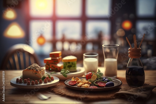 Ai generated illustration pastry  fruit cheese and jar of milk on wooden table
