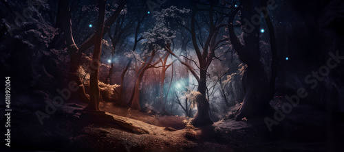 Magical forest at night time. AI generated Generative AI