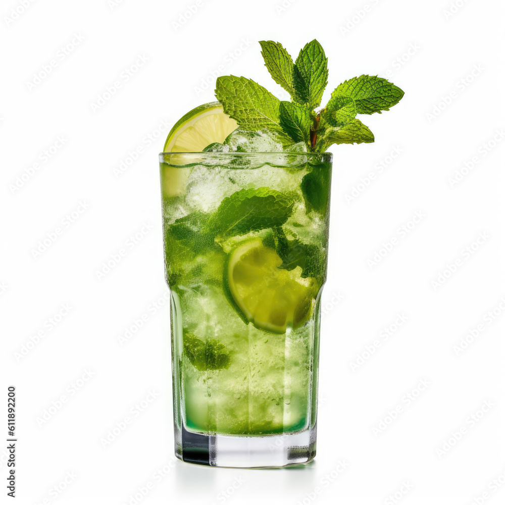 Generative ai illustration of glass of mojito cocktail with lemon and mint Generative ai illustration of glass of mojito cocktail with lemon and mint
