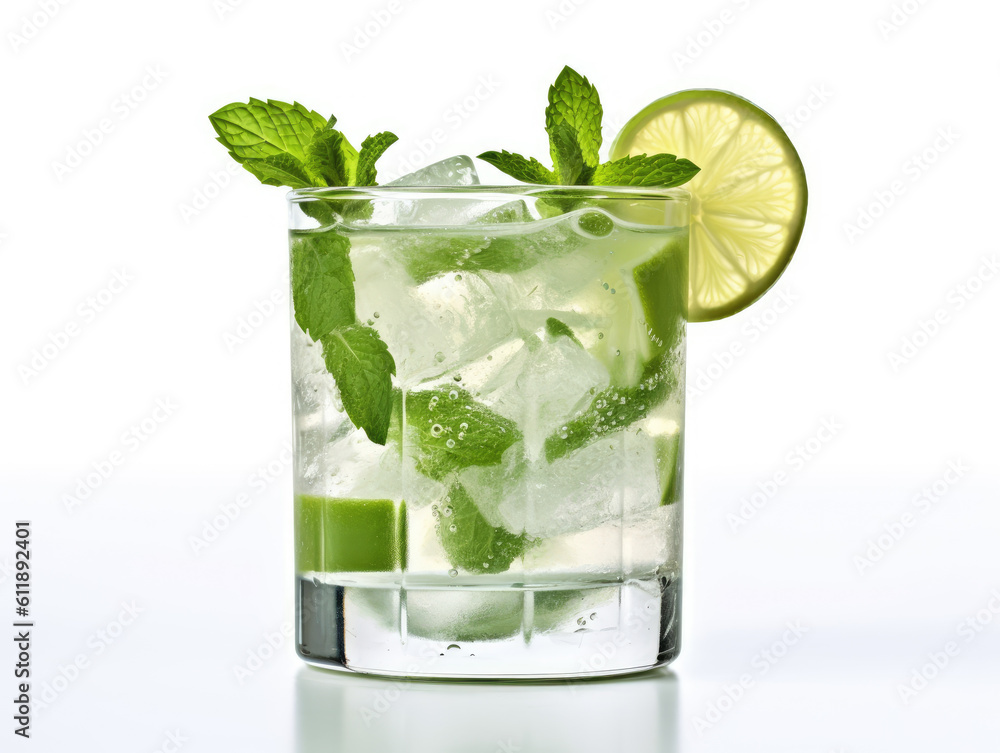 Generative ai illustration of glass of mojito cocktail with lemon and mint Generative ai illustration of glass of mojito cocktail with lemon and mint