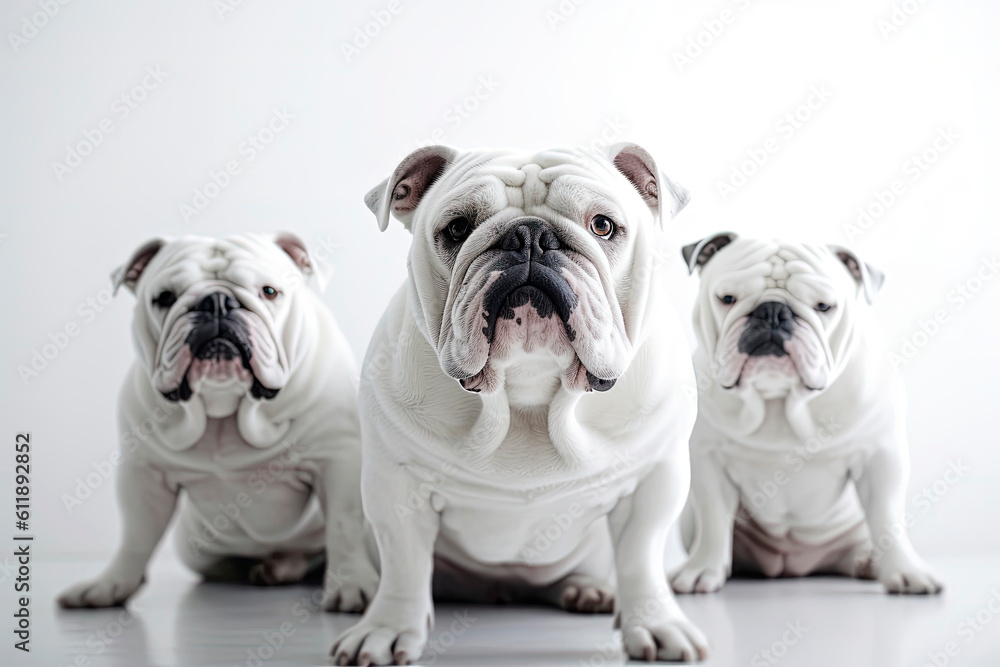 Generative AI illustration of white English bulldog dog, with pure white background