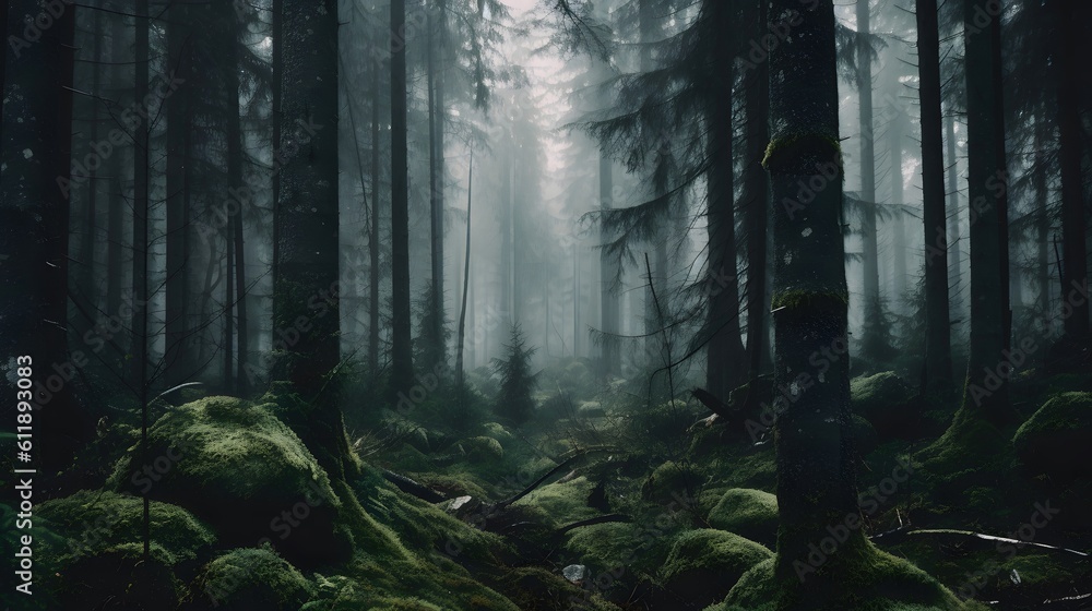 Obraz premium a beautiful shot of a forest surrounded by trees in the forest during the mist Generative AI, AI Generated