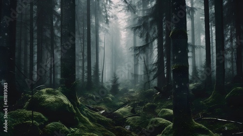 a beautiful shot of a forest surrounded by trees in the forest during the mist Generative AI  AI Generated