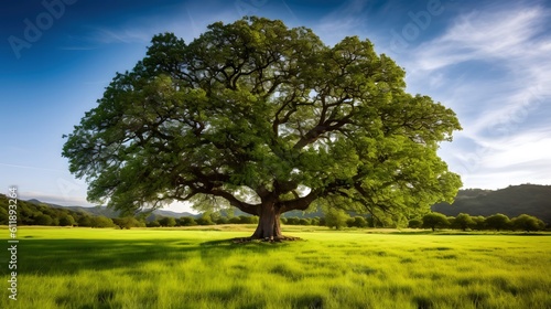 beautiful big old tree in the field Generative AI  AI Generated
