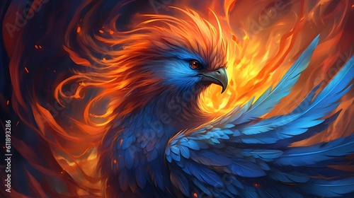 3d illustration of a colorful bird with a burning fire Generative AI, AI Generated