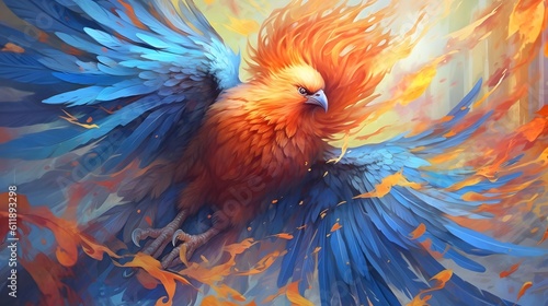 3d illustration of a colorful bird with a burning fire Generative AI, AI Generated © therealnodeshaper