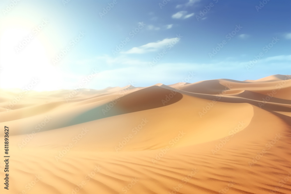 desert fantasy sunset scenery landscape with a bright sun, thick clouds on blue sky. Generative AI
