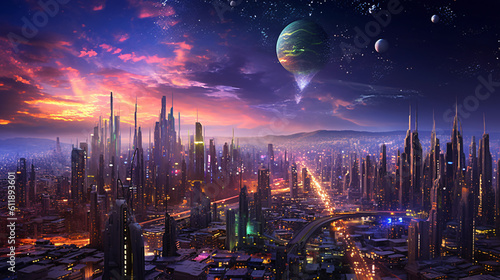 Streets in metaverse city, futuristic city illustration, blockchain © lin