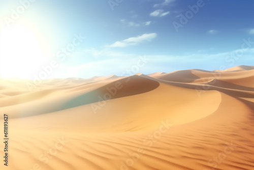 desert fantasy sunset scenery landscape with a bright sun  thick clouds on blue sky. Generative AI