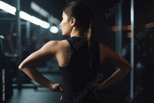 unrecognizable woman stretching her back in a training gym
