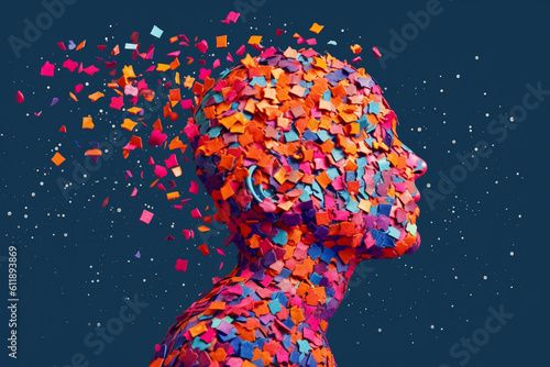 Man Made of Confetti Exploding Off of His Head, Mental Health Concepts, Generative AI