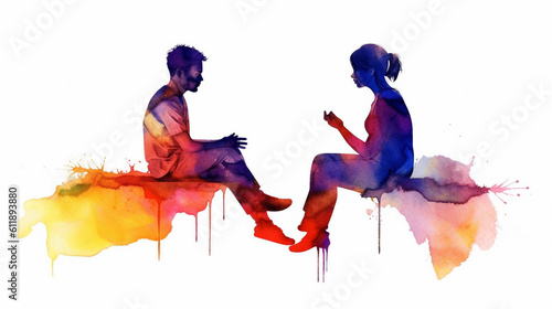 Watercolor Painting of Two People talking, Having a Therapy Session, Mental Health Concepts, Generative AI