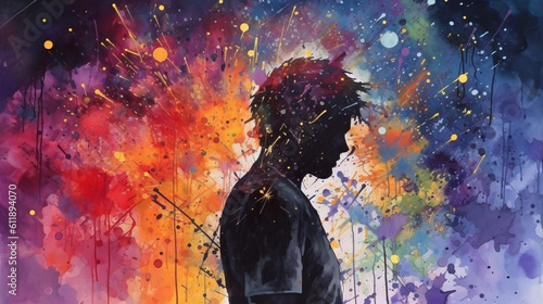 Fotografia Watercolor Silhouette Man Surrounded by Chaotic Paint Splatter, Mental Health Co