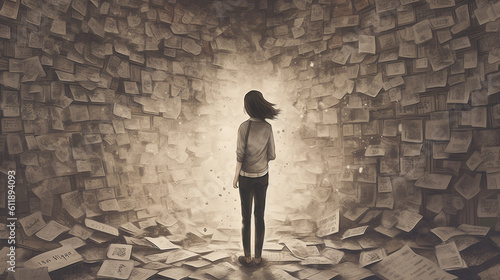Woman Standing in a Room Full of Words, Bullying Concept, Mental Health Concepts, Generative AI photo