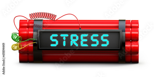 Konstfotografi Time bomb explosive with stress word on timer isolated on white background