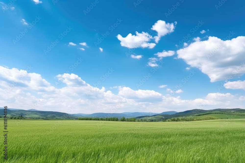 Serene Panoramic Landscape: Green Grass Field, Blue Sky, and Majestic Mountains