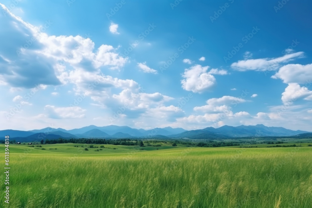 Obraz premium Serene Panoramic Landscape: Green Grass Field, Blue Sky, and Majestic Mountains