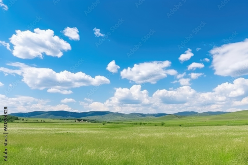Serene Panoramic Landscape: Green Grass Field, Blue Sky, and Majestic Mountains Serene Panoramic Landscape: Green Grass Field, Blue Sky, and Majestic Mountains