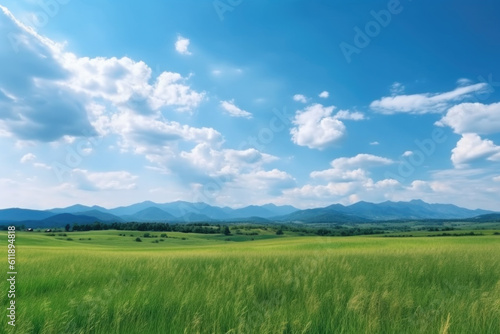 Serene Panoramic Landscape: Green Grass Field, Blue Sky, and Majestic Mountains