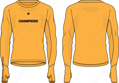 Long sleeve Compression running base layer top t shirt with thumb hole design flat sketch illustration, Sports jersey Active wear compression top concept with front and back view