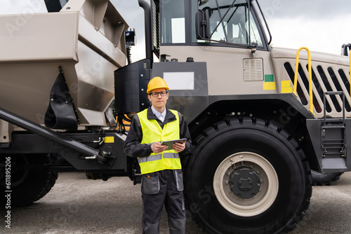Engineer with tablet computer stands next to mining truck	