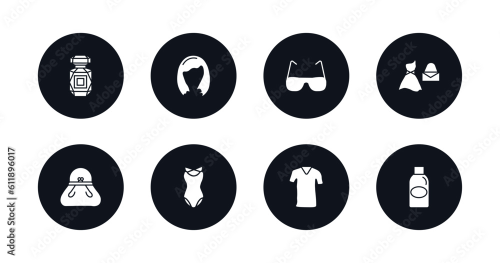 symbol for mobile filled icons set. filled icons such as perfume bottle, shoulder length, rectangular eyeglasses, feminine fashion, female black handbag, female swimsuit, clothes, bottle vector.