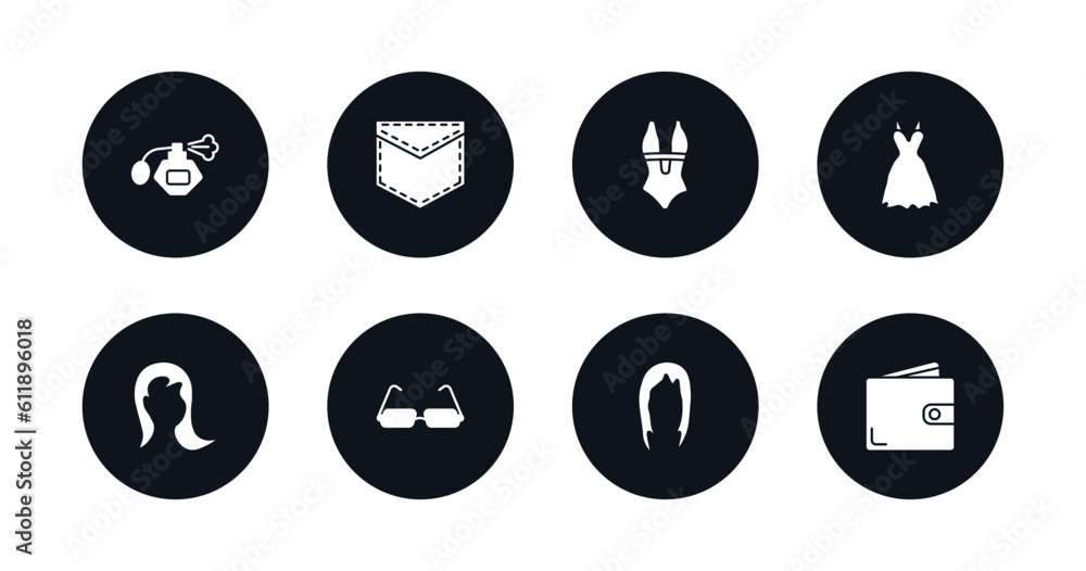 symbol for mobile filled icons set. filled icons such as parfum bottle, pocket, swimsuit feminine, lace dress with belt, female long hair, reading eyeglasses, hair wig, wallet vector. symbol for mobile filled icons set. filled icons such as parfum bottle, pocket, swimsuit feminine, lace dress with belt, female long hair, reading eyeglasses, hair wig, wallet vector.
