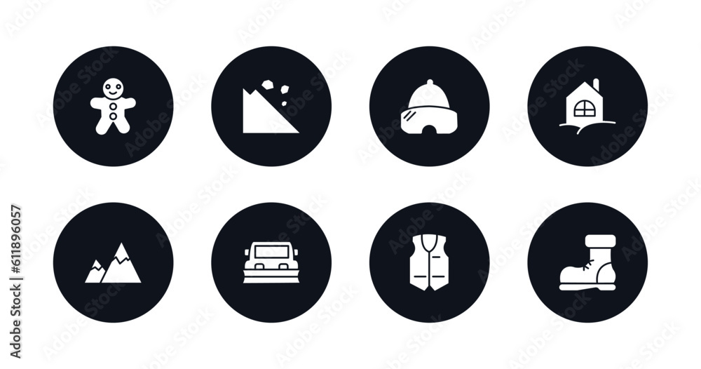 symbol for mobile filled icons set. filled icons such as gingerbread man, avalanche, snow goggle, chalet, snowy mountain, snowplow, anorak vest, snow boot vector. symbol for mobile filled icons set. filled icons such as gingerbread man, avalanche, snow goggle, chalet, snowy mountain, snowplow, anorak vest, snow boot vector.