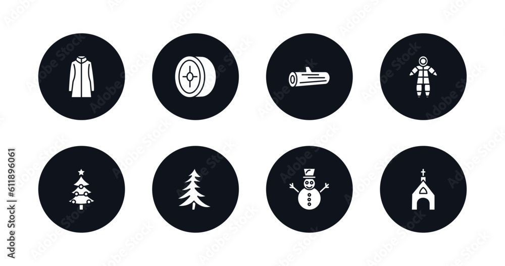 symbol for mobile filled icons set. filled icons such as fur coat, winter tire, logs, snowsuit, christmas tree, fir, snowman, chapel vector. symbol for mobile filled icons set. filled icons such as fur coat, winter tire, logs, snowsuit, christmas tree, fir, snowman, chapel vector.
