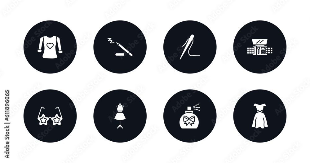 symbol for mobile filled icons set. filled icons such as heart shaped clothes, eyeliner pencils, needle, eyes shades makeup, childish eyeglasses, couture mannequin, perfume, female sexy dress symbol for mobile filled icons set. filled icons such as heart shaped clothes, eyeliner pencils, needle, eyes shades makeup, childish eyeglasses, couture mannequin, perfume, female sexy dress