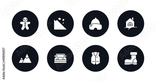 symbol for mobile filled icons set. filled icons such as gingerbread man, avalanche, snow goggle, chalet, snowy mountain, snowplow, anorak vest, snow boot vector.