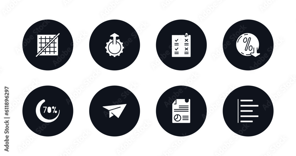 symbol for mobile filled icons set. filled icons such as grid off, upload up, confirmity, less percentage, loading indicator, flying origami airplane, data analytics content, justified vector. symbol for mobile filled icons set. filled icons such as grid off, upload up, confirmity, less percentage, loading indicator, flying origami airplane, data analytics content, justified vector.