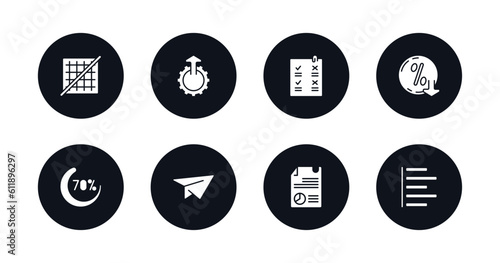 symbol for mobile filled icons set. filled icons such as grid off, upload up, confirmity, less percentage, loading indicator, flying origami airplane, data analytics content, justified vector.
