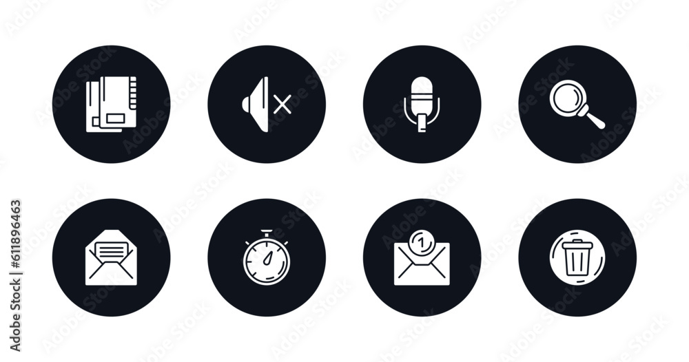 symbol for mobile filled icons set. filled icons such as office folders, sound off, record voice button, glass material, envelope with message, stopwatches, new email envelope, delete round button symbol for mobile filled icons set. filled icons such as office folders, sound off, record voice button, glass material, envelope with message, stopwatches, new email envelope, delete round button