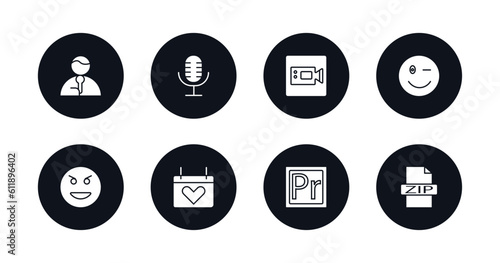 symbol for mobile filled icons set. filled icons such as news reporters, mic interface, facetime, wink smile, evil smile, heart on calendar, premier, zip file vector.