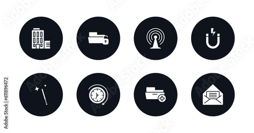 symbol for mobile filled icons set. filled icons such as offices, unlock folder, connection, magnet, magic wand button, anti clockwise, add folder button, open letter read email vector.