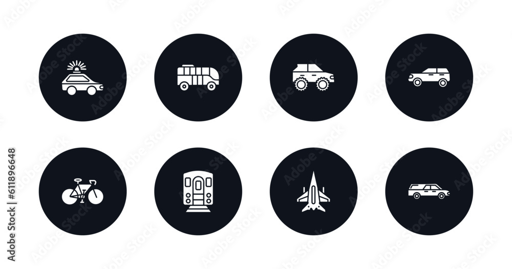 symbol for mobile filled icons set. filled icons such as patrol car, modern bus, all terrain vehicle, suv, vintage bicycle, , military airplane, hearse vector. symbol for mobile filled icons set. filled icons such as patrol car, modern bus, all terrain vehicle, suv, vintage bicycle, , military airplane, hearse vector.