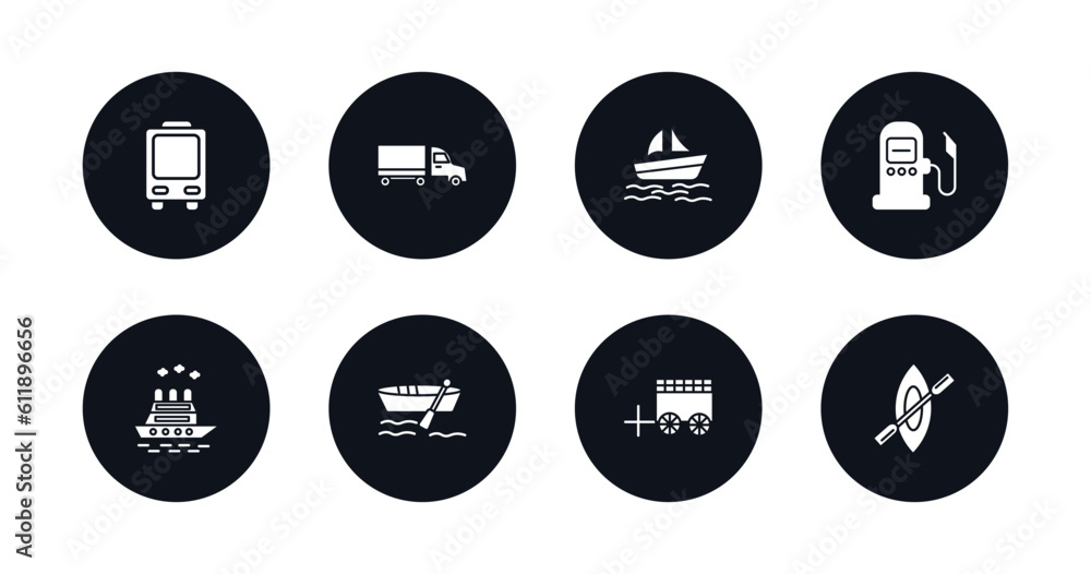 symbol for mobile filled icons set. filled icons such as trolleybus, eighteen-wheeler, pt boat, fuel dispenser, icebreaker ship, dugout canoe, oxcart, rowing vector.