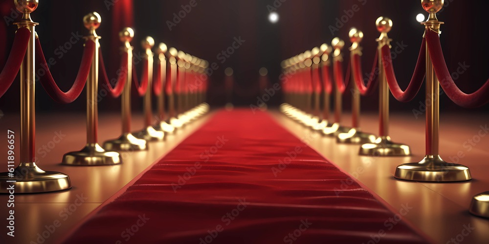 red carpet and velvet ropes on gala night. Generative AI red carpet and velvet ropes on gala night. Generative AI