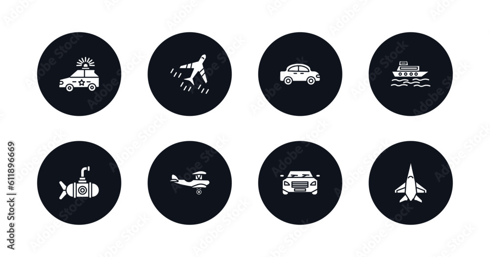 symbol for mobile filled icons set. filled icons such as police car, jetliner, automobile, ferry boat, small submarine, crop duster, car frontal view, army airplane vector. symbol for mobile filled icons set. filled icons such as police car, jetliner, automobile, ferry boat, small submarine, crop duster, car frontal view, army airplane vector.