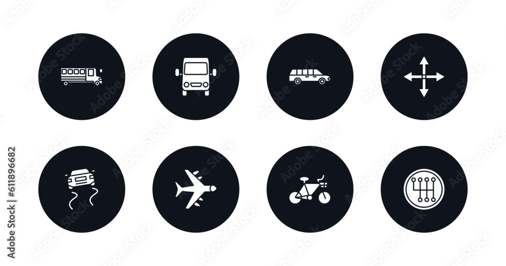 symbol for mobile filled icons set. filled icons such as school bus empty, van front view, long car, movement, slippy road, airplane flying, bikes, gearshift vector.