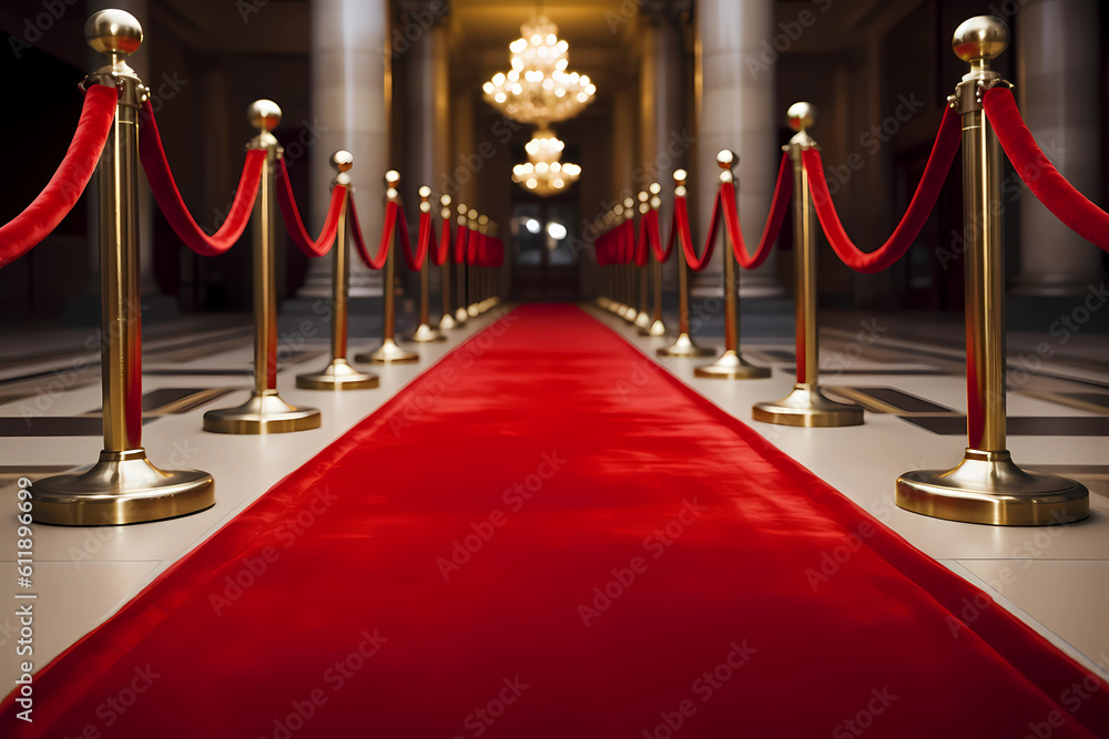 red carpet and velvet ropes on gala night. Generative AI red carpet and velvet ropes on gala night. Generative AI