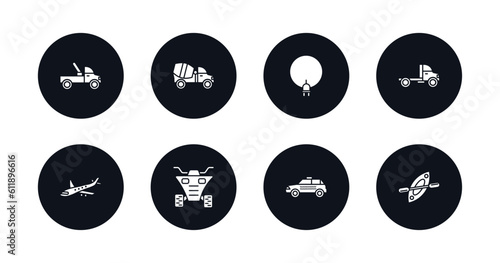 symbol for mobile filled icons set. filled icons such as tow truck, cement truck, electric car, truck, jumbo jet, quad, taxi, kayak vector.