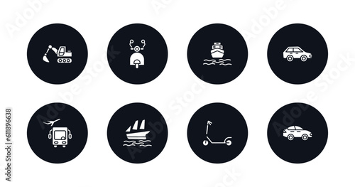 symbol for mobile filled icons set. filled icons such as excavators, scooter front view, boat front view, compact car, airport shuttle, schooner, micro scooter, sedan vector.