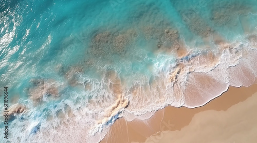Ocean waves on the beach as a background. Beautiful natural summer vacation holidays background. Top view from drone. Aerial top down view of beach and sea with blue water waves. Generative AI © Mickael