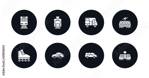 symbol for mobile filled icons set. filled icons such as train front, tram, camper car, light rail, inline skates, sport car, people carrier, tramway vector.
