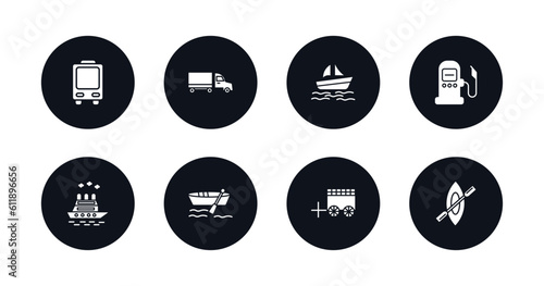 symbol for mobile filled icons set. filled icons such as trolleybus, eighteen-wheeler, pt boat, fuel dispenser, icebreaker ship, dugout canoe, oxcart, rowing vector.