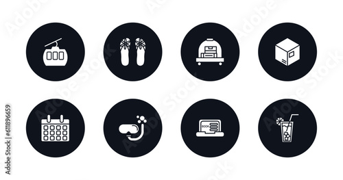 symbol for mobile filled icons set. filled icons such as cable car, flip flop, bellhop, packing, date, scuba diving, online booking, lemonade vector.